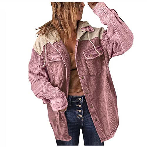MOKBAY Cordjacke Damen Langarm Herbstmantel mit Kapuze Winter Freizeit Cordhemd Damen Patchwork Oversize Druckknöpfe Blouson Jacke Damen Casual Sportlich Frauenkleidung Rosa L von MOKBAY