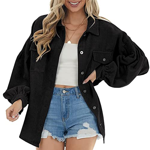 MOKBAY Cordjacke Damen Langarm Mantel Damen Herbst Leichte Große Größen Hemd Jacke Damen Freizeit Einfarbig Cord-Hemd mit Tasches Modische Outwear Aesthetic Clothes Schwarz M von MOKBAY