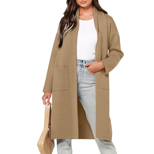 MOKBAY Damen Fleecejacke Warm Langarm Cardigan Damen Herbst Winter Regular Trenchcoat Damen Elegant Lang Wollmantel Für Frauen Open Front Freizeit Einfarbig Damen-Mäntel Kamel XL von MOKBAY