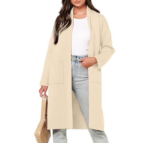 MOKBAY Damen Fleecejacke Warm Langarm Cardigan Damen Herbst Winter Regular Trenchcoat Damen Elegant Lang Wollmantel Für Frauen Vanilla Girl Aesthetic Einfarbig Damen-Mäntel Beige XL von MOKBAY