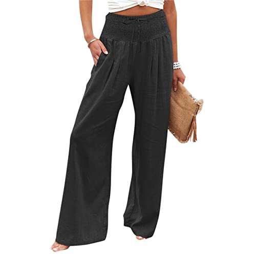 MOKBAY Damen Hosen Sommer Leicht Leinenhose High Waist Leichte Sommerhose Weite Elegant Strandhose Palazzo Culottes Arbeitshose Freizeithose Kleidung Outfits Schwarz 3XL von MOKBAY