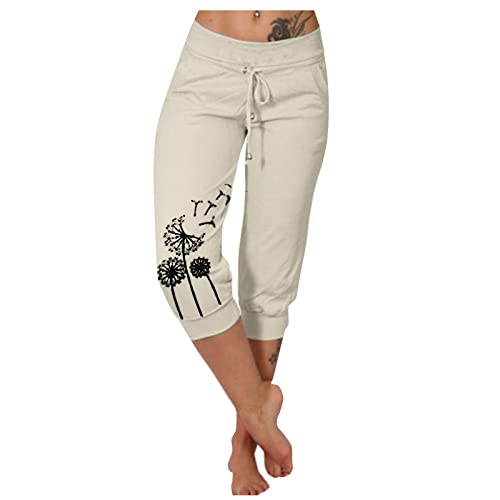 MOKBAY Damen Hosen Sommer Leinen Weite Yoga Trousers Treggings 3/4 Hose Yoga Baggy Leinenhose Damen Sommer 7/8 Damen Leinenhose Sommer Lässige Dreiviertel H-Beige 5XL 508 von MOKBAY