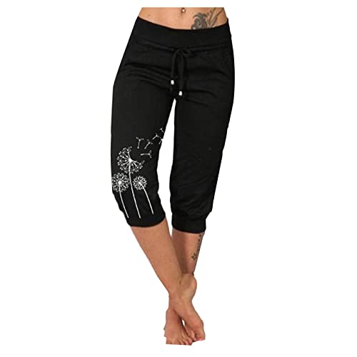 MOKBAY Damen Hosen Sommer Stoff Stretch Jogpants Freizeithose Frau Ethno Cargo Luftige Leinenhose Damen Sommer 7/8 Strandbekleidung Anzug High Waist H-Black 3XL 508 von MOKBAY