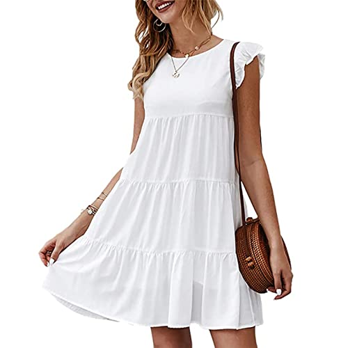 MOKBAY Damen Kleider Elegant O-Ausschnitt Kurz äRmel Damen Kleid Bunte Beach Strandkleid Multiway Boho Hemdkleid Elegant Lang Damen Kleid 3243-Weiss S von MOKBAY