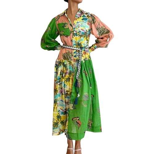 MOKBAY Damen Langes Boho Kleid Vintage Rustikaler Stil V-Ausschnitt Kleid mit Blumenmuster Lässiges Maxikleid Frühling Langarm Blumenkleid Western Country Chiffonkleid Outlet Angebote Dunkelgrün 3XL von MOKBAY