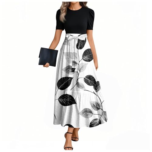MOKBAY Damen Sommerkleid Elegant Grüne Damenkleid Kleid Elegant Print Sommerkleid Plisseekleid Schicke Lange Kleid Weiß Lang Maxikleider Damen Sommer XL von MOKBAY