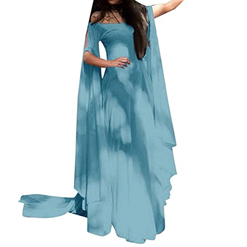 MOKBAY Halloween Fee Kostüm Damen Kleid Fasching Langarm Herbst Winter Fairy Dress Cosplay Feen MäRchen Renaissance Große Größen Hellblau XXL von MOKBAY