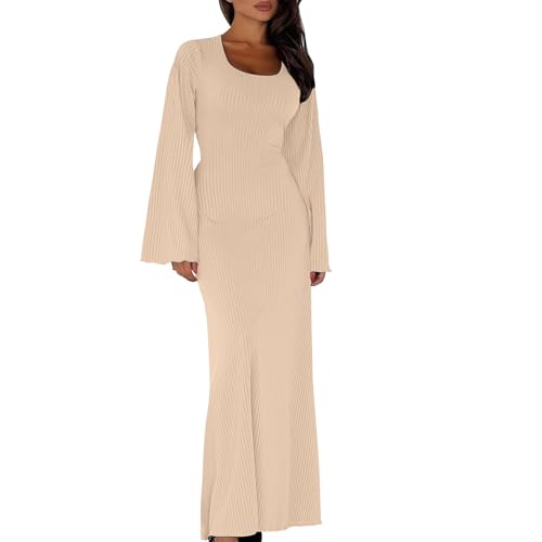 MOKBAY Herbstkleid Damen Freizeit Langarm Strickkleid Damen Herbst Winter U-Neck Wickelkleid Damen Longsleeve Kleid Lang Einfarbig Hippie Kleider Elegant Maxi Dresses for Women Beige M von MOKBAY