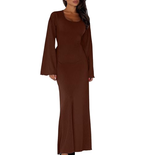 MOKBAY Herbstkleid Damen Freizeit Langarm Strickkleid Damen Herbst Winter U-Neck Wickelkleid Damen Longsleeve Kleid Lang Einfarbig Hippie Kleider Elegant Maxi Dresses for Women Braun L von MOKBAY