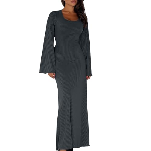 MOKBAY Herbstkleid Damen Freizeit Langarm Strickkleid Damen Herbst Winter U-Neck Wickelkleid Damen Longsleeve Kleid Lang Einfarbig Hippie Kleider Elegant Maxi Dresses for Women Grau S von MOKBAY