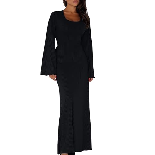 MOKBAY Herbstkleid Damen Freizeit Langarm Strickkleid Damen Herbst Winter U-Neck Wickelkleid Damen Longsleeve Kleid Lang Einfarbig Hippie Kleider Elegant Maxi Dresses for Women Schwarz S von MOKBAY