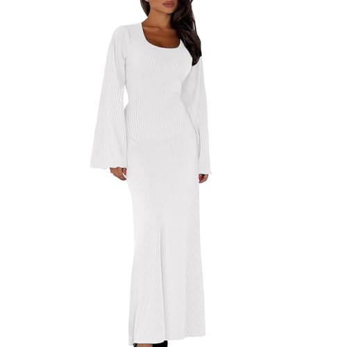 MOKBAY Herbstkleid Damen Freizeit Langarm Strickkleid Herbst Winter U-Neck Wickelkleid Damen Longsleeve Kleid Lang Einfarbig Hippie Kleider Elegant Maxi Dresses for Women Weiß M von MOKBAY
