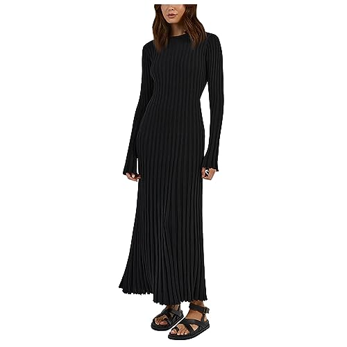 MOKBAY Herbstkleid Damen Freizeit Strickkleid Damen Herbst Langarm Stretch Elegante Kleider Einfarbig Maxikleid Damen Lang Abendkleider Elegant Für Hochzeit Casual Dresses for Women Schwarz M von MOKBAY