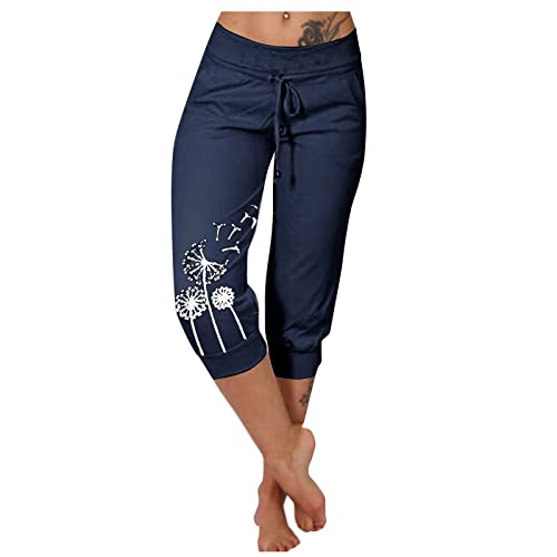 MOKBAY Jeans Damen Kunstlederhose Leichte 7/8 Hosen Damen Sommer Marlenehose Frauen 7/8 Hosen Damen Sommer Culottes Dreiviertel Fahrradbekleidung Leinenhose Vintage Lockere H-Navy L 508 von MOKBAY