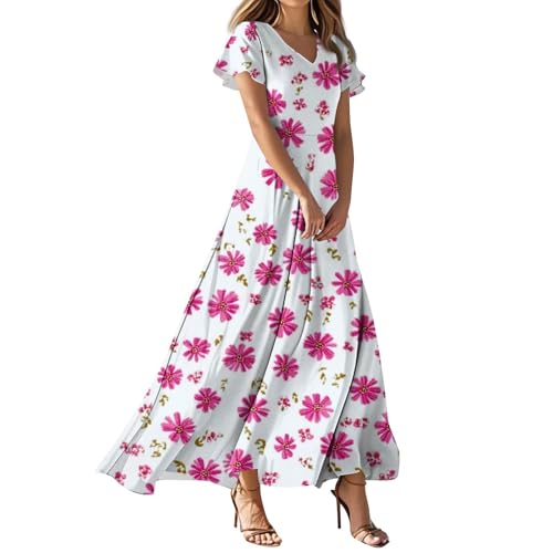 MOKBAY Kleid Damen Lang Sommer Boho Kleider Blaues Maxi Schickes Sommerkleid Blumenmuster Damenkleider Elegant Langes Kleid Kleider Damen Sommer Elegant XXL von MOKBAY