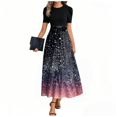 MOKBAY Kleid Schwarz Damen Lang Linien Schwarze Blümchenkleid Sommer Elegant Langes Frühlingskleider Fit Musselin Kleid Strand Lange Kleider Damen Sommer XXL von MOKBAY