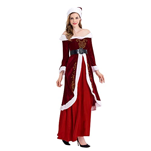 MOKBAY Kleid Weihnachten Damen Lang Sexy Weihnachtskostüm Damen Anzug V Ausschnitt Weihnachtskleid Damen mit Gürtel Longsleeve Winterkleider Damen Cosplay Women's Santa Outfit Rot 3XL von MOKBAY