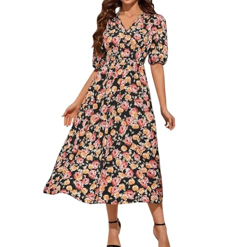 MOKBAY Kleid a Linie Maxikleid Damen Sommer Rotes Maxi Sommerkleid Lockeres Blumenprint Weißes Lang Gestreiftes Kleid Blümchenkleid Kleider Damen Sommer XL von MOKBAY