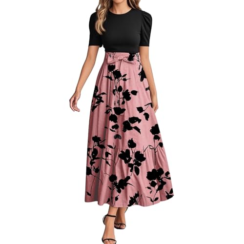 MOKBAY Kleider Sommer Kleid Lang Schwarz Schwarz Sommerkleider Plus Size Damen Fit Blumen Langes Damen Sommer Damenkleider Gestreiftes Kleid XL von MOKBAY