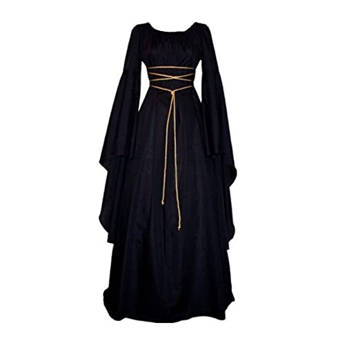 MOKBAY Langarm Hippie Kostüm Damen Kleid Halloween Mittelalter Kleidung Damen Mittelalter Vintage Hexen Kleid Fasching Kostü VampirKostü Woman Dress Halloween Erwachsene Schwarz M von MOKBAY