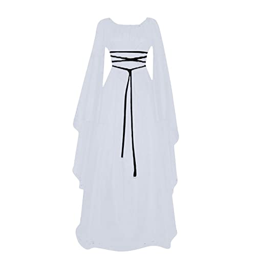 MOKBAY Langarm Hippie Kostüm Damen Kleid Halloween Mittelalter Kleidung Damen Mittelalter Vintage Hexen Kleid Fasching Kostü VampirKostüm Woman Dress Halloween Erwachsene Weiß S von MOKBAY