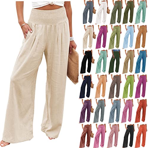 MOKBAY Leinenhose Damen Sommer Leicht High Waist Leichte Sommerhose Weite Elegant Strandhose Palazzo Arbeitshose Freizeithose Culottes Kleidung Outfits Khaki XXL von MOKBAY