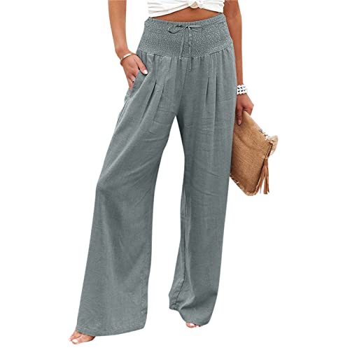 MOKBAY Leinenhose Damen Sommer Leicht High Waist Leichte Sommerhose Weite Elegant Strandhose Palazzo Culottes Arbeitshose Freizeithose Kleidung Outfits Grau L von MOKBAY