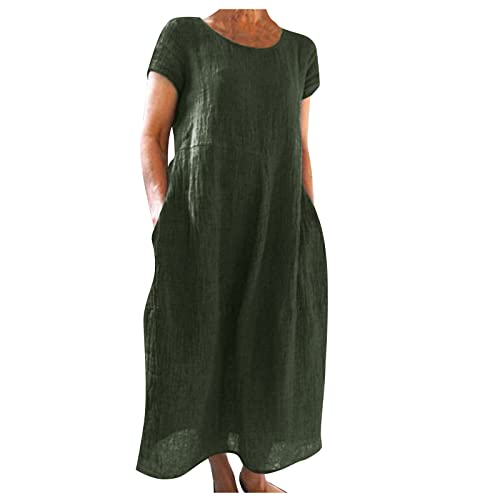 MOKBAY Leinenkleid Damen Sommer Knielang Kleider O Ausschnitt Babydoll Kurzarm Sommerkleid Leicht Luftig Frauen Tunika Kleid Mit Taschen Summer Must Haves Dress(2-armeegrün,3XL) von MOKBAY