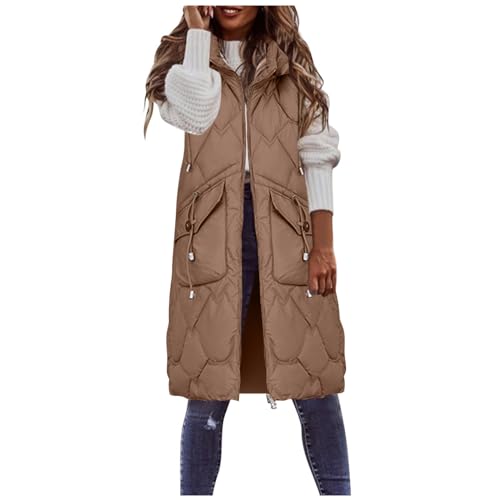 MOKBAY Longweste Damen mit Kapuze Slim Fit Warme Daunenweste Damen Lang Streetwear Wintermantel Ärmellose Casual Fashion Outdoor Einfarbig Damen-Westen Lange mit Tasche Kaffee XXL von MOKBAY