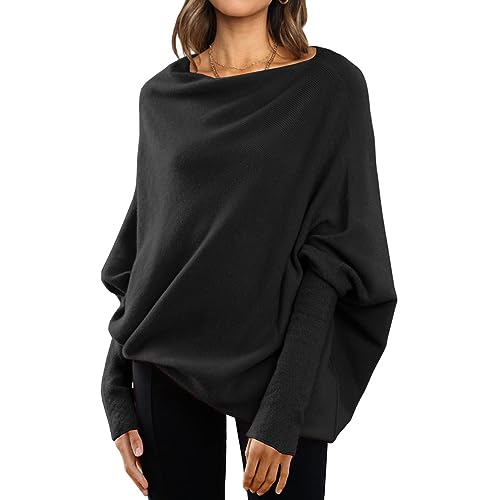 MOKBAY Off Shoulder Oberteil Damen Langarm Strickpullover Damen Große Größen Leichte Elegant Pullover Fledermausärmel Damen Longsleeve Strickpulli Schulterfrei Herbst Winter Frauen Kleidung schwarz L von MOKBAY