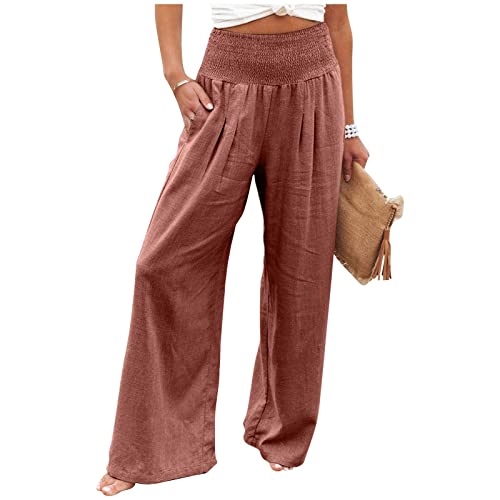 MOKBAY Palazzo Hose Damen Sommer Leicht Leinenhose High Waist Leichte Sommerhose Weite Elegant Strandhose Culottes Arbeitshose Freizeithose Kleidung Outfits Rot XL von MOKBAY