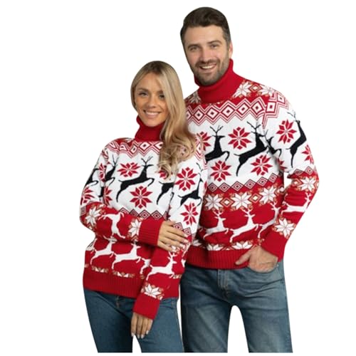 MOKBAY Weihnachtspullover Damen Langarm Weihnachtspullover Partnerlook Freizeit Winter Partner Pullover Christmas Rollkragenpullover Damen Casual Festliche Frauenkleidung F-Rot S von MOKBAY
