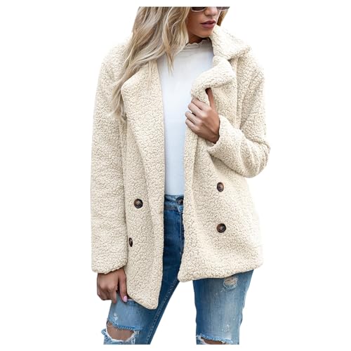 MOKBAY Winterjacke Damen Warm Stehkragen Teddy Fleecejacke Damen Langarm Slim Fit Furry Damen Wintermantel Kurz Einfarbig ​mit Knöpfen Casual Fashion Jackets for Women with Pockets weiß XL von MOKBAY