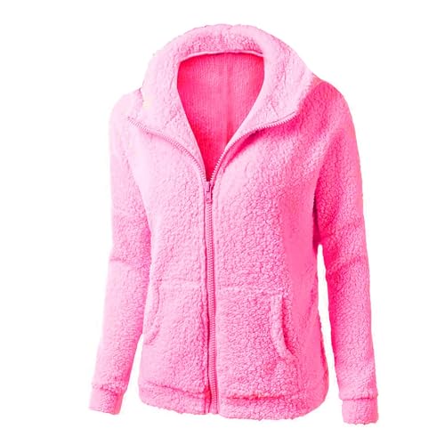 MOKBAY Winterjacke Damen mit Reißverschluss Langarm Sweatjacke Damen Warm Plüsch Einfarbig Flauschig Fleecejacke Große Größen Jacke Damen Kurz Women Jacket Winter heißes rosa M von MOKBAY