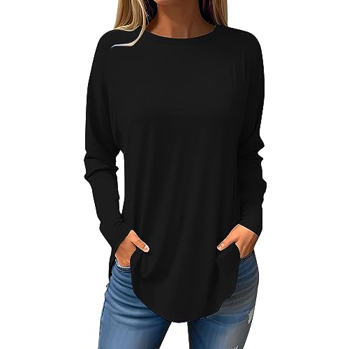 Basic Langarmshirt Damen Top Langarm Fashion Tshirt Frühling Crew Neck Tunika Damen Herbst Große Größen Long Sleeve Shirt Women schwarz M von MOKBAY