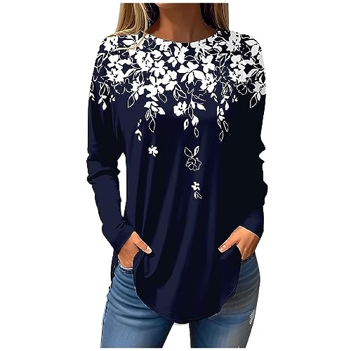 Oversize Pullover Damen Tops Große Größen Fashion Tshirt Frühling Crew Neck Langarm Tunika Damen Herbst Elegant Long Sleeve Shirt Women Marine L von MOKBAY