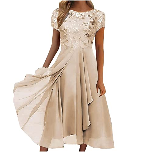 Sommerkleid Damen Festliche Kleider Für Hochzeitsgäste Elegante Midi Kleid A Linie Brautjungfernkleider Kurzarm Wedding Guest Dresses for Women(1-Gold,3XL) von MOKBAY
