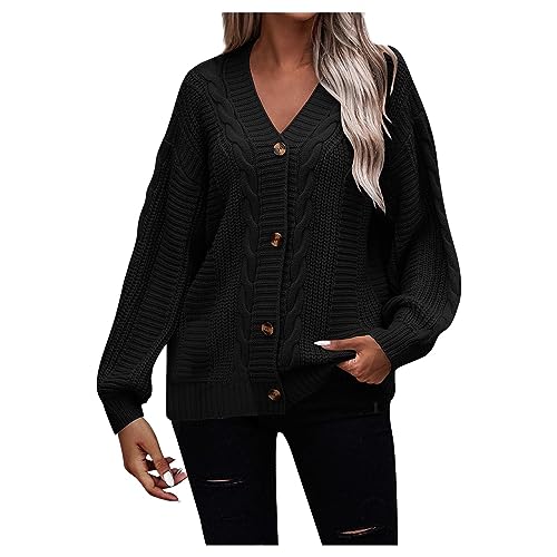 Strickjacken Für Damen Herbst Winter Fleecejacke Damen Einfarbig Longsleeve Gestrickte Women's Outwear Freizeit Warm Fashion Strickpullover Damen mit Knöpfe Schwarz L von MOKBAY