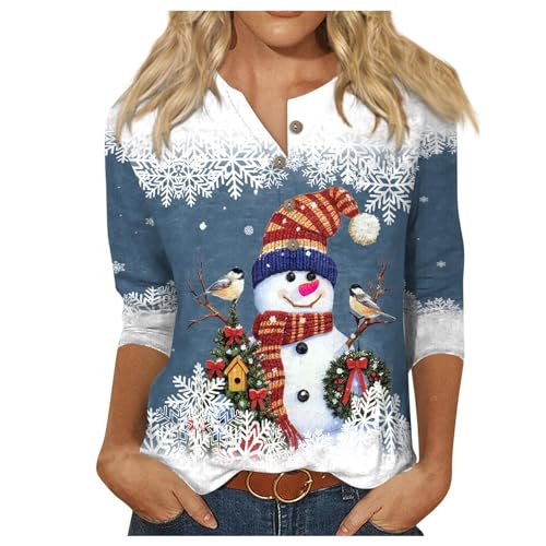 Weihnachtsbluse Damen 3/4 Longsleeve Tops Teenager Mädchen Herbst Christmas Outlook Damen Mode Vintage Sweatshirt for Women Freizeit Festliche Kleidung Damen Mit Knöpfen Blau XXL von MOKBAY