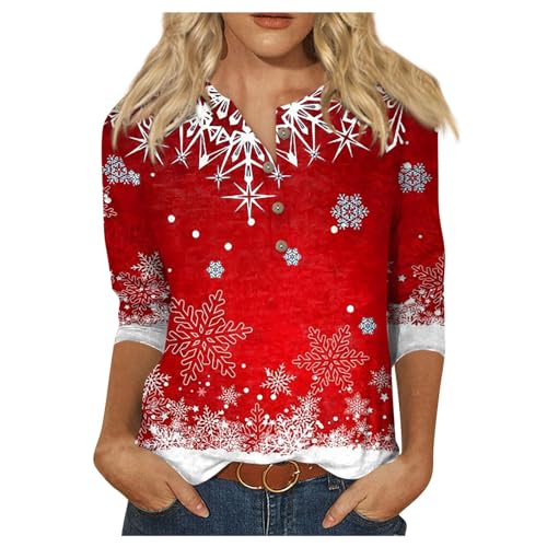 Weihnachtsbluse Damen 3/4 Longsleeve Tops Teenager Mädchen Herbst Christmas Outlook Damen Mode Vintage Sweatshirt for Women Freizeit Festliche Kleidung Damen Mit Knöpfen Rot L von MOKBAY