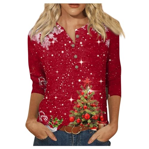 Weihnachtsbluse Damen 3/4 Longsleeve Tops Teenager Mädchen Herbst Christmas Outlook Damen Mode Vintage Sweatshirt for Women Freizeit Festliche Kleidung Damen Mit Knöpfen Vermilion L von MOKBAY