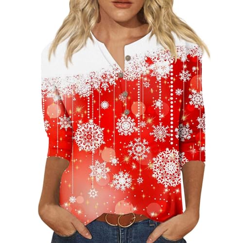 Weihnachtsbluse Damen 3/4 Longsleeve Tops Teenager Mädchen Herbst Christmas Outlook Damen Mode Vintage Sweatshirt for Women Freizeit Festliche Kleidung Damen Mit Knöpfen Wassermelone Rot XXL von MOKBAY