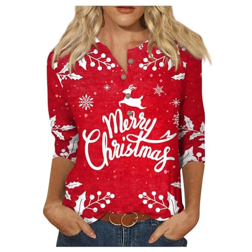 Weihnachtsbluse Damen 3/4 Longsleeve Tops Teenager Mädchen Herbst Christmas Outlook Damen Mode Vintage Sweatshirt for Women Freizeit Festliche Kleidung Damen Mit Knöpfen Weiß XXL von MOKBAY