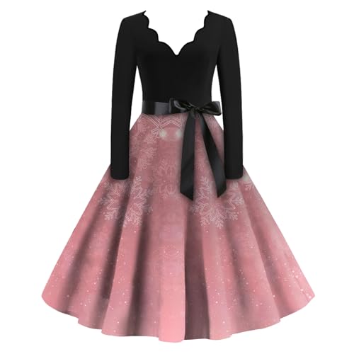 Weihnachtskleid Damen Große Größe Langarm Silvester Outfit Damen Vintage Elegante V Ausschnitt Plus Size Women's Prom Dress Plus Size A Linie Kleid Festlich Für Frauen Rosa M von MOKBAY