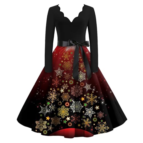 Weihnachtskleid Damen Große Größe Langarm Silvester Outfit Damen Vintage Elegante V Ausschnitt Plus Size Women's Prom Dress Plus Size A Linie Kleid Festlich Für Frauen Schwarz L von MOKBAY