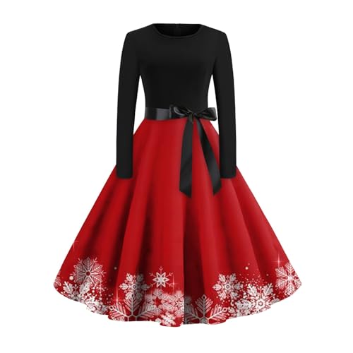 Weihnachtskleid Damen Langarm 50er Jahre Kleider Damen Herbst Winter Christmas Partykelid Rundhals A Linie Vintage Weihnachtsoutfit Damen Longsleeve Swing Prom Dress Dunkelrot XL von MOKBAY