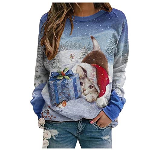 Weihnachtspullover Damen Große Größen Herbst Winter Damen Pullover Langarm Christmas Sweatshirt Kawaii Clothes Fashion Frauen Weihnachten Hoodie Mädchen Oversize Festliche Outfit Blau 6XL von MOKBAY