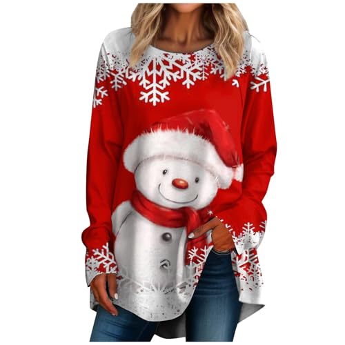 Weihnachtspullover Damen Große Größen Langarmshirt Christmas Casual Oversize Pullover Fashion Weihnachtsoutfit Damen Festlich Kleidung Herbst Winter Rot 3XL von MOKBAY
