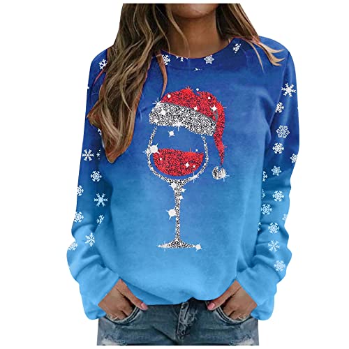 Weihnachtspullover Damen Langarm Freizeit Weihnachten Pulli Damen Christmas Gradientenfarbe Sweatshirt Damen Herbst Pullover Fashion Casual Winter Hoodie Festlich Kleidung Frauen Blau L von MOKBAY