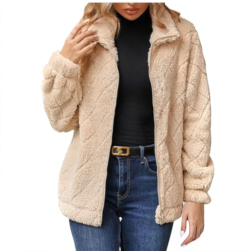 Winterjacke Damen mit Reißverschluss Fleecejacke Damen Langarm Stehkragen Mantel Damen Kurz Einfarbig Flauschig Felljacke Warm Elegant Kuschel Women Jacket Winter beige XXL von MOKBAY